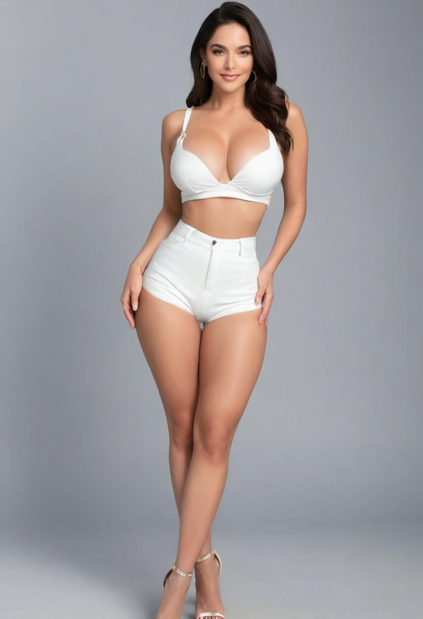 make the picture full body head to toes, use same skin tone and color on body as face have, add wider shoulders, slim figure, height of 6.7 feet, D cup breasts with a natural lift and super filled and lifted breast, a broader pelvic bone, a narrower waist, and thighs that taper significantly from the hips to the knees. The waistline should be level with the belly button, with hip joints outside the pelvic bone and a visibly more flexible and arched spine. make legs and toes slim and attractive, toes have black color sandals and leg have pink color trouser. zoom in camera until full body of character is visible. make skin white. do not change face of women.