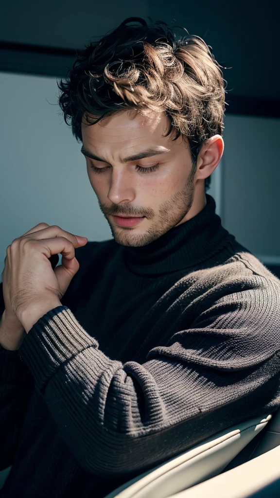 Jamie Dornan, a man,black hair,eyes closed,,Relaxed and comfortable expression,black high-neck sweater,advanced,high quality,real photography,light and shadow