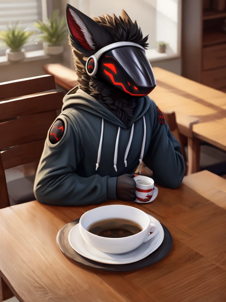 Protogens, Masculine,.Wear a comfortable hoodie., Red protogen visor, Black feathers, Black feathers, A cup of tea on the table., Sitting in the dining room, comfortable, 4k