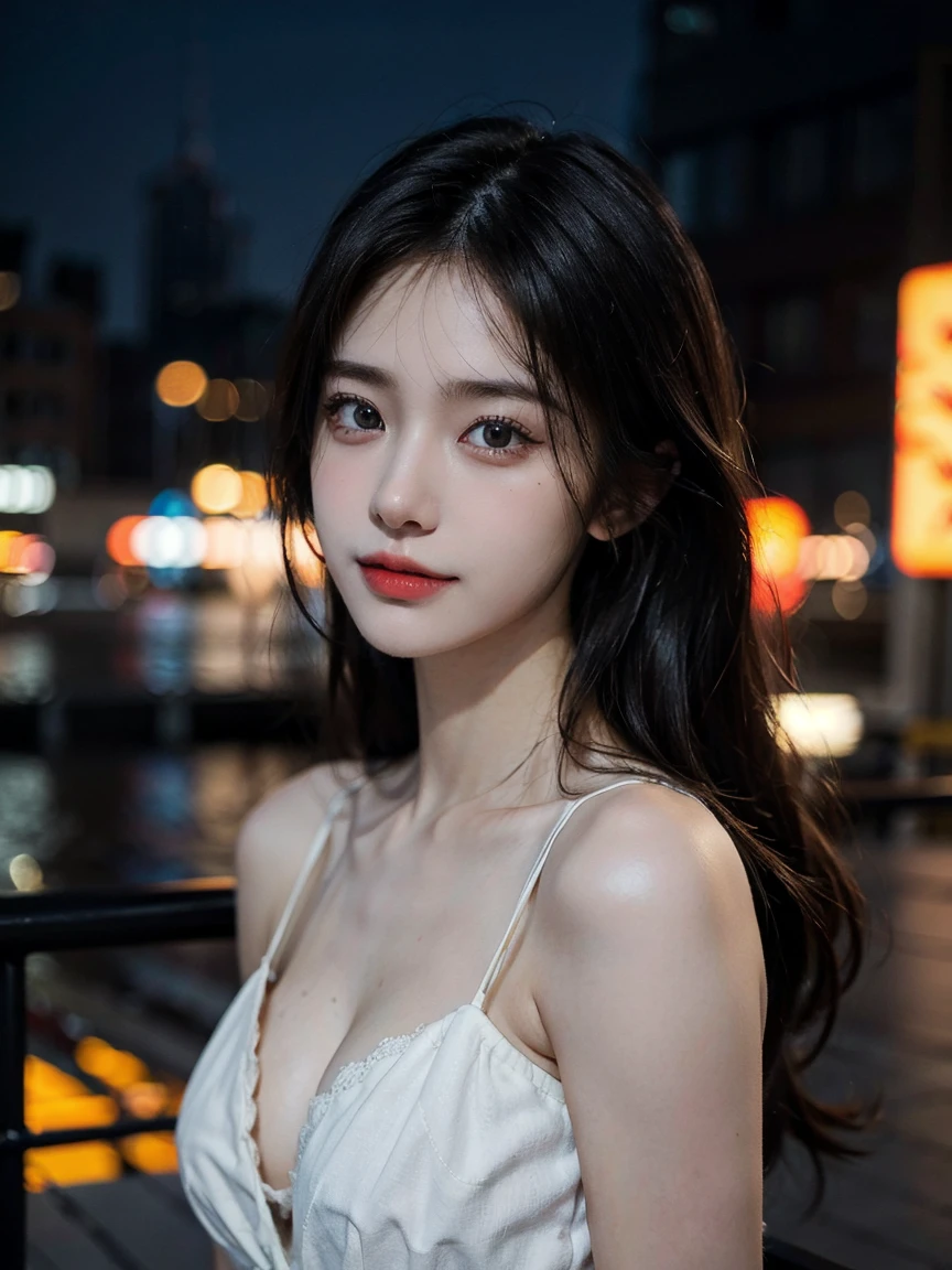 1girl, (looking at viewer:1.2), detail face, (a girl standing, rending on cgsociety, black shadows, streaming, new york backdrop), romanticism, atmospheric, (RAW photo, best quality), (realistic, photo-realistic:1.3), masterpiece, an extremely delicate and beautiful, extremely detailed, D cup，Cleavage，Translucent tube top1.5，Exquisite eye details，Shy smile 1.5