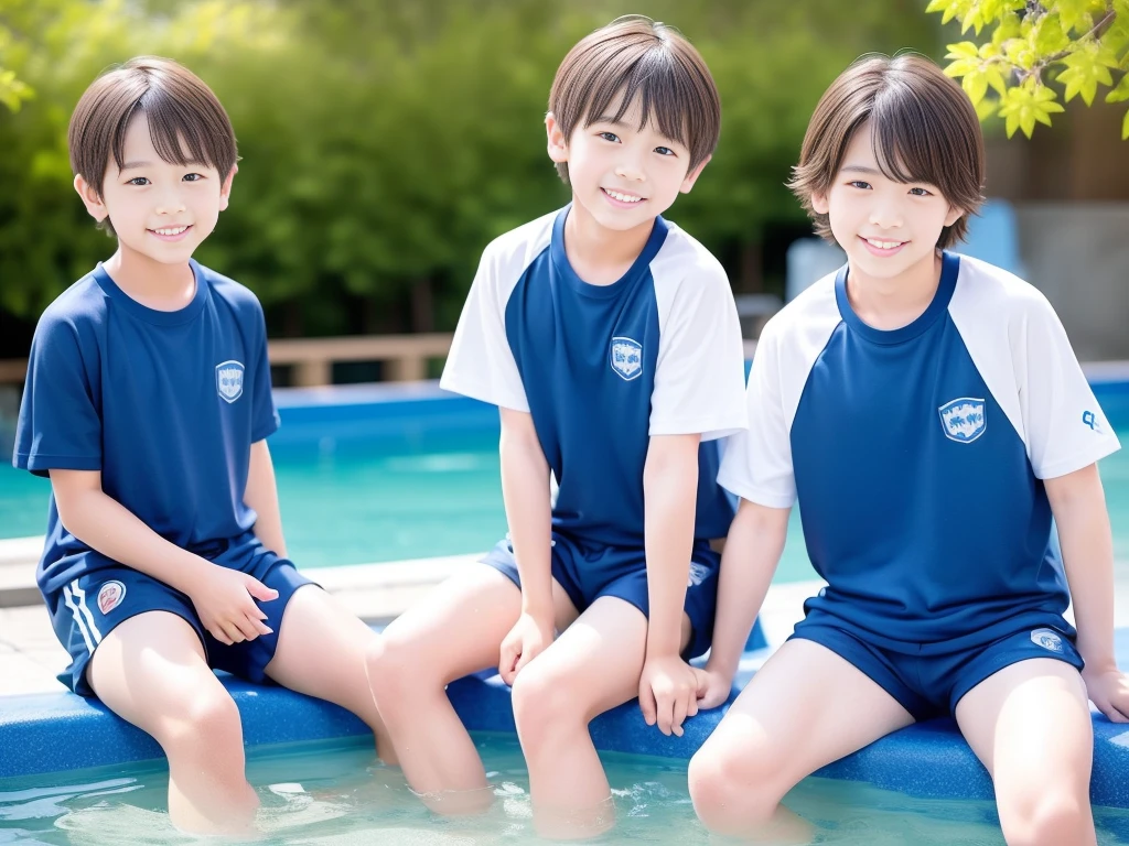 夏休みのprimary school校、Pool、primary school５Grade、Japan Boy、The water feels good、hot day、Two Boys、Youth Power、Short sleeve gym uniform、Blue shorts、physical education、barefoot，（Boy 1.4）、Boys only 、(１０Age 1.４)