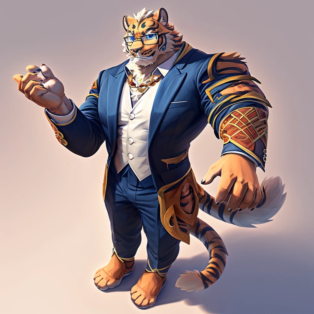 Lin Hu,Blue eyes,Positive angle,Strong body,Wear half-rimmed glasses ,Suit,Five fingers five fingers,Best quality,Best quality,8K,HD,There is only one character on the screen,Full body pictureFull body pictureFull body pictureFull body pictureFull body picture,Minimalist background