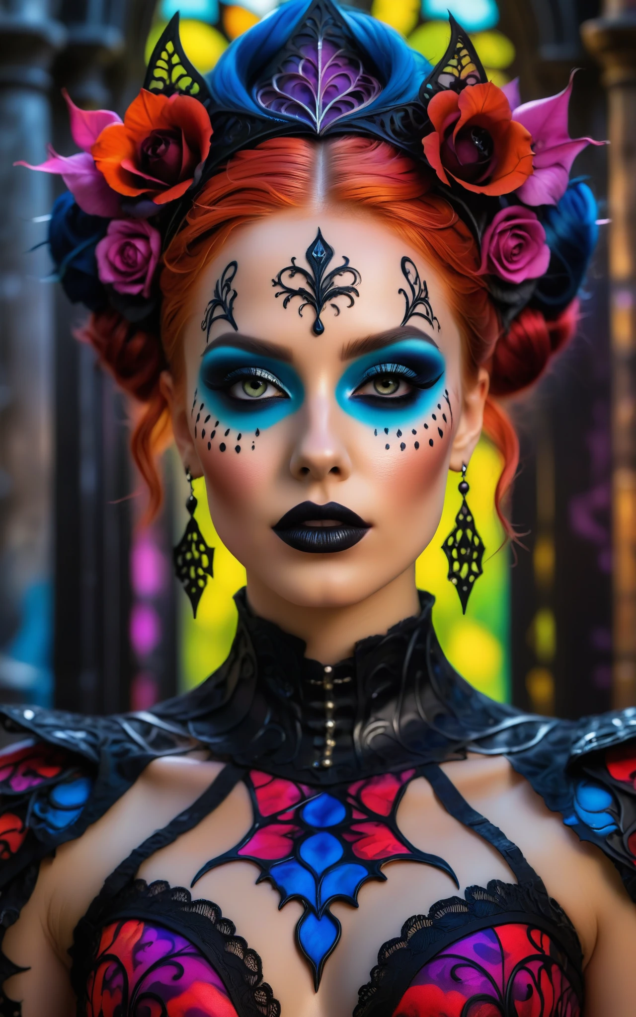 (best quality, 4K, 8K, high-resolution, masterpiece), ultra-detailed, photorealistic, striking young woman, bold Neo-Gothic makeup, bold Neo-Gothic hair, vibrant Pop Art inspired outfit, intricate facial designs, modern fashion, high fashion, vibrant colors, digital art