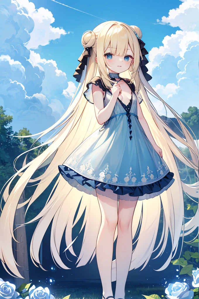 Yellow Hair,Blue eyes,Carly,Adorable,((See-through blue dress)),Blue high heels on her feet,whole body,Fingers and arms are not exposed,Blue rose flower field in the background,Blue sky and white clouds,,Happy expression,High quality light and shadow,Artistic Sense((Hair Bun))(Very long hair))((Blunt bangs))((Bitch))((tsurime))((Big eyes))((Skinny body))((expensive))(Pale skin))((Botanical Prints))((infant))((Showing nipples under shirt))(Pale skin))((Botanical Prints))((infant))((nsfw))((((5 years old)))(((infant)))((Lolita)
