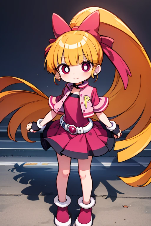 1 girl, Momoko Akatsutsumi (Powerpuff Girls Z), red eyes, masterpiece, top quality, cute, happy, nice smile, young, bright sunlight, Full body image, Are standing, dance, playground, flowers, (masterpiece:1.2), best quality, high resolution, unity 8k wallpaper, (illustration:0.8), (beautiful detailed eyes:1.6), extremely detailed face, perfect lighting, extremely detailed CG, (perfect hands, perfect anatomy),