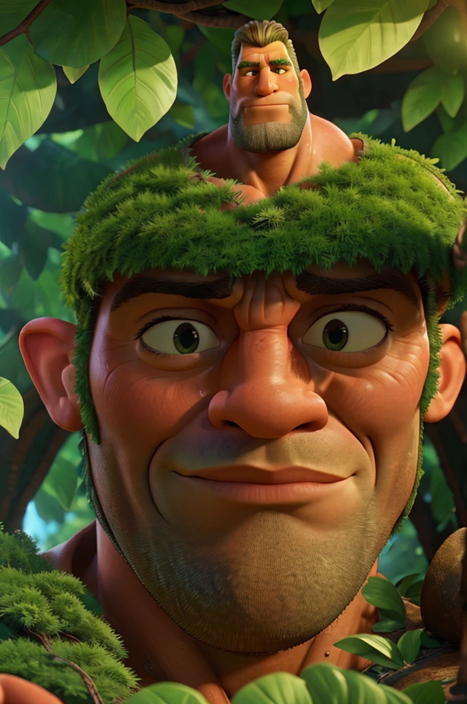 A giant muscular man, extremely detailed highly realistic portrait, climbing down an enormous beanstalk, lush green vines, detailed foliage, dramatic lighting, cinematic composition, fantasy, vibrant colors, 8k, best quality, photorealistic