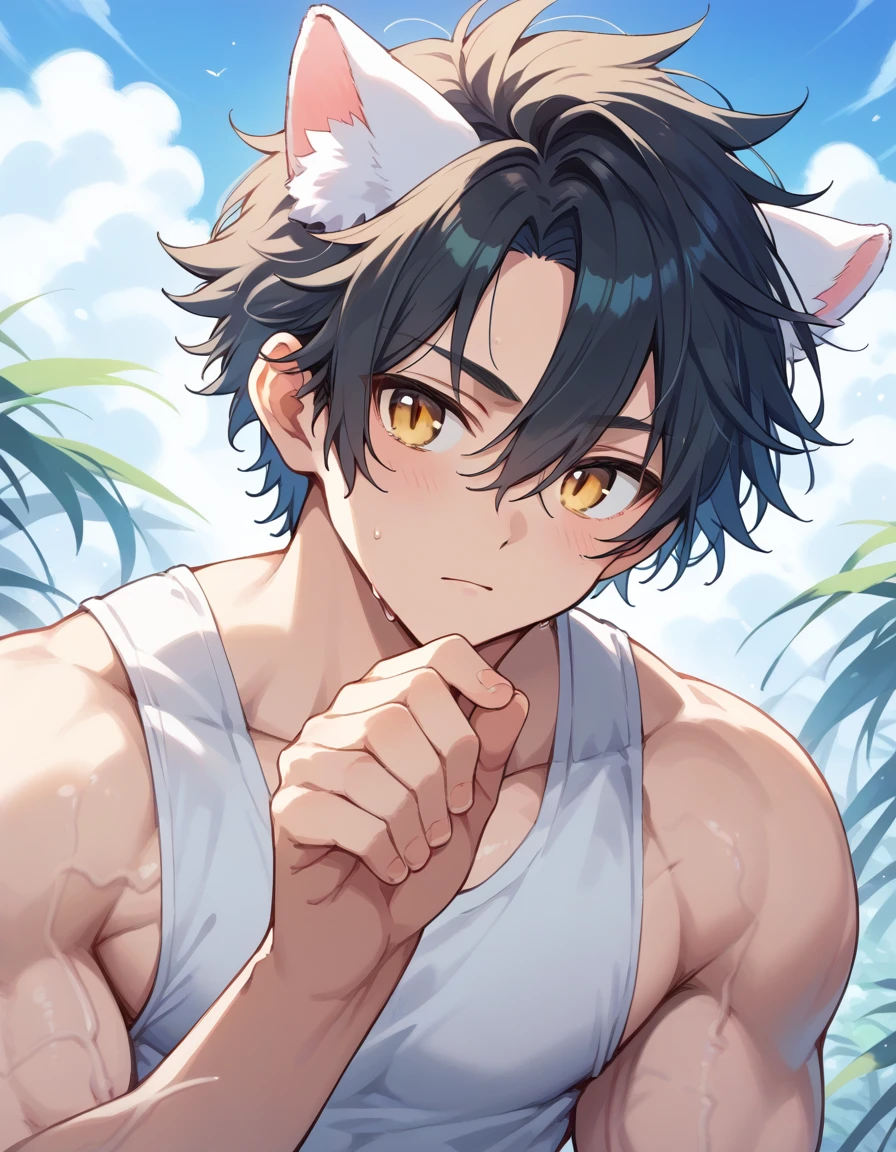 (score_9,score_8_up,score_7_up,score_6_up,score_5_up,score_4_up), best quality, best lighting, high-definition background, 1 boy, muscled, black hair, mullet hairstyle, hair between eyes, yellow eyes, slit eyes, white cat ears, white tiger tail, completely naked, ((veiny arms)), ,(huge veiny penis, big and heavy testicles), flaccid, foreskin, sweaty, white skin, white tanktop