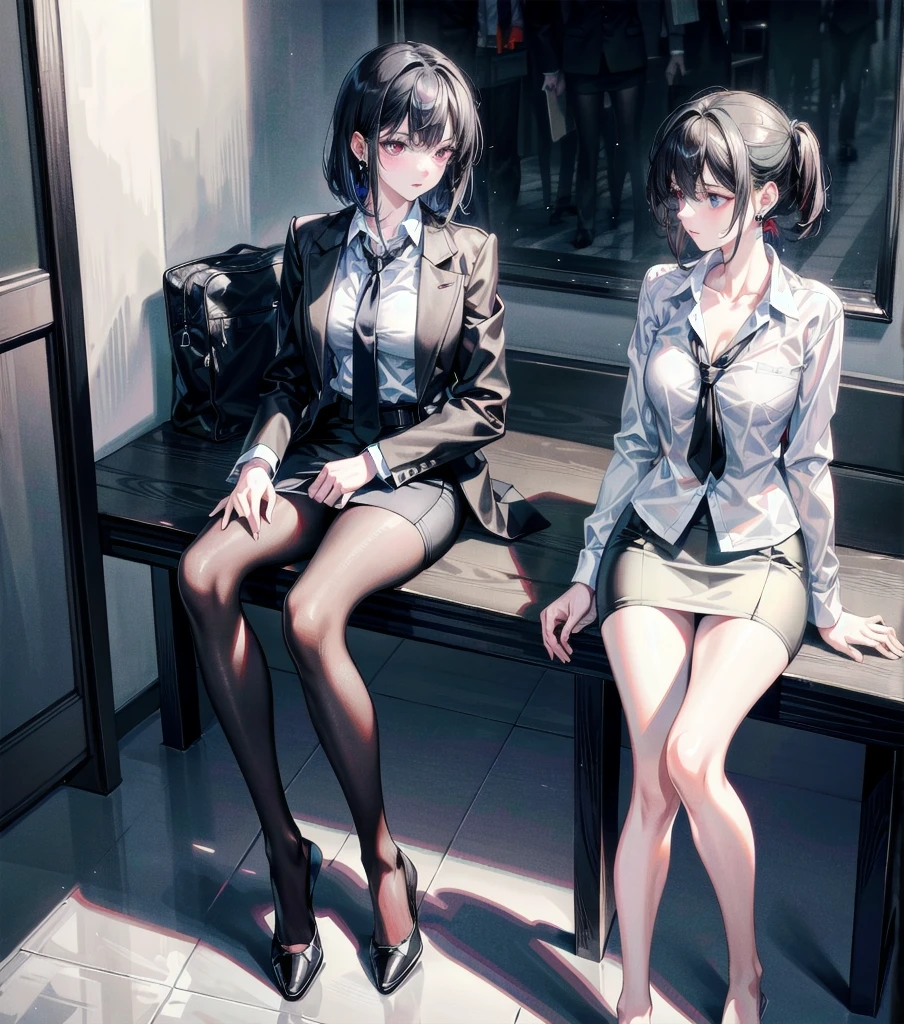 RAW photo, extremely delicate and beautiful, masterpiece, Best Quality, ultra high resolution, 16k, photorealistic, ultra detailed description, pale skin, in her 20s, whole body, medium tits, medium hair, black hair, tearful mole, earring, business suit, pencil skirt, collarbone, shirt, tie,
