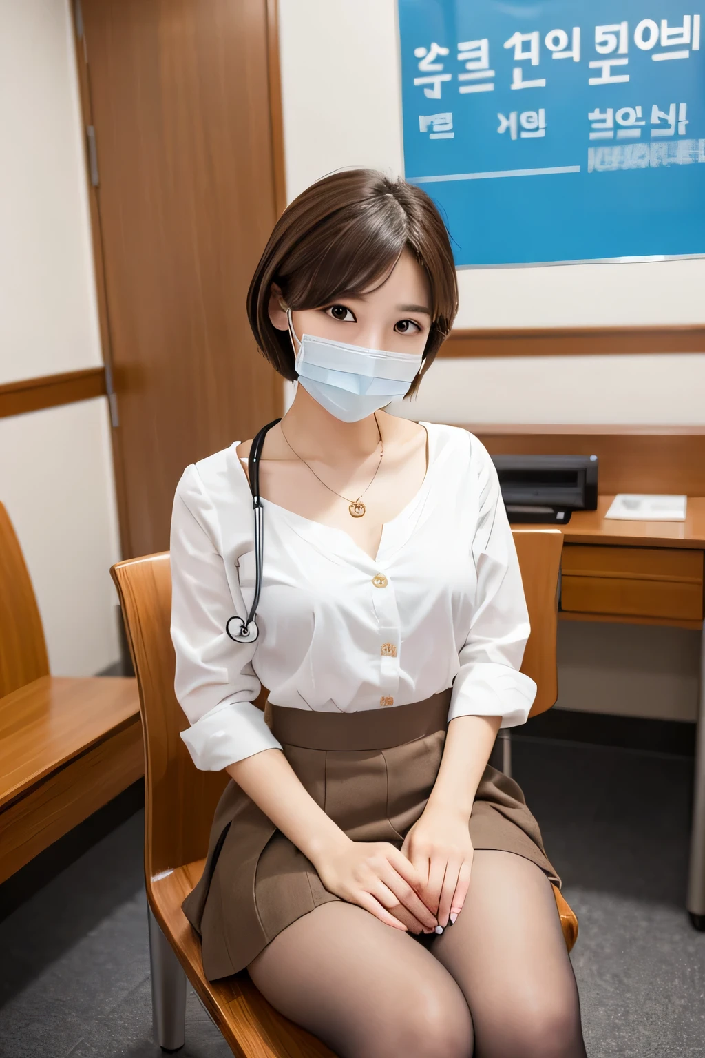 Beautiful young woman、 Korean women、Brown Hair、Short Haircut、Sit in a chair in the examination room、Necklace around the neck、Full body photo、White、skirt、tights、pumps、Stethoscope、Mask on mouth、Intricate details, Very detailed:1.2), 、 Looking into the camera,The background is the examination room、ear piercing