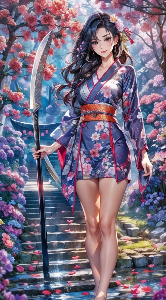 Shrine after the rain、Beautiful 30 year old woman、Purple kimono、Flashy floral kimono、Holding a naginata in his right hand、The naginata blade shines in the light.、Large Breasts、There is a puddle、Barefoot、