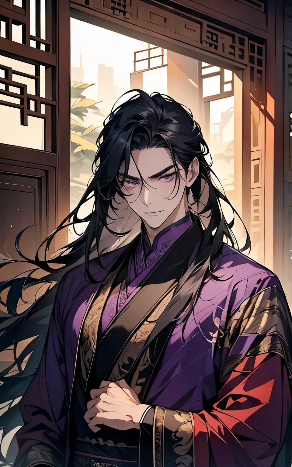 1 middle-aged man, (45 years old), long black hair, violet eyes, chinese clothes, (!PURPLE! clothes), available at purple chinese room, portrait