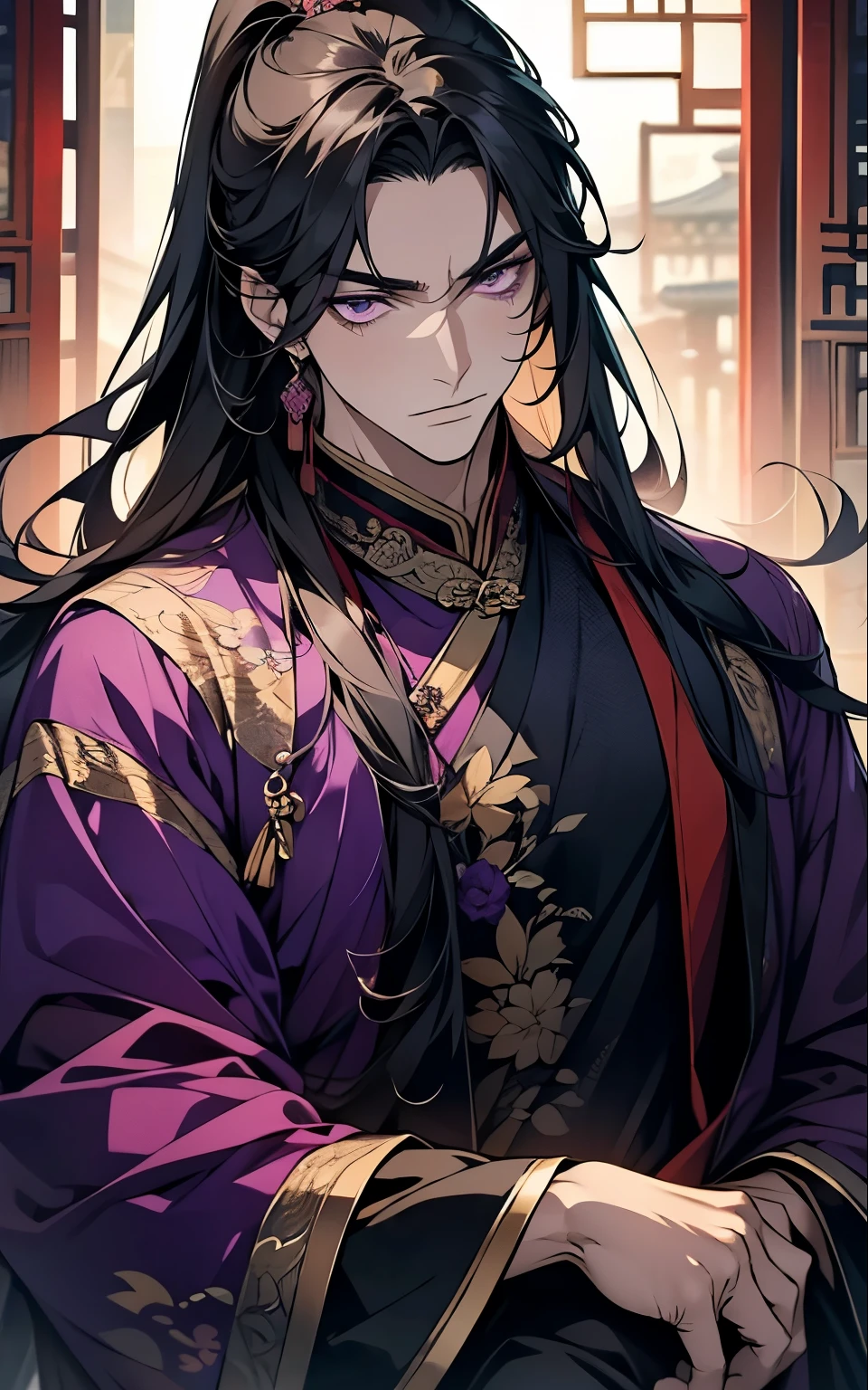 1 middle-aged man, (45 years old), long black hair, violet eyes, chinese clothes, (!PURPLE! clothes), available at purple chinese room, portrait