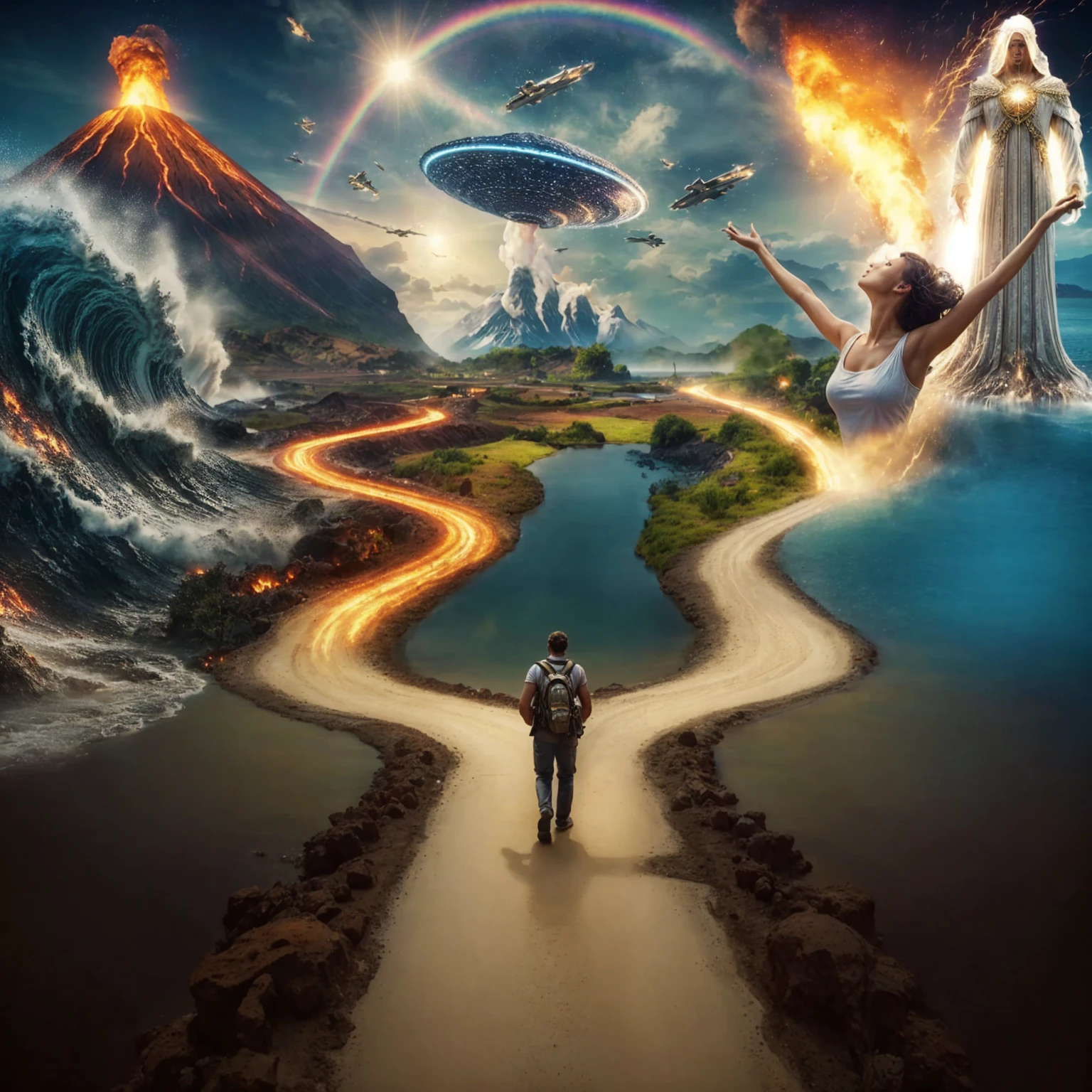 Very real image. There are two paths, one that leads you to destruction where there are volcanoes erupting, earthquakes, tsunamis, poor people. Another path that takes you to spirituality, to happiness, to goodness, to the connection with nature, there is an angel, both paths lead to paradise. Photorealism, full view, highly detailed image, very realistic, hyperrealism, Ultra HD, 8k, 5, sharp focus, intricate and mysterious masterpiece. (Long exposure photography Highly detailed close-up portrait art illustration: final quality, medium shot, backlit, rich and striking. Enigmatic and mysterious manipulations (rule of thirds composition), ((detailed environment with strong lines) The best quality, in camera, white light, warm and clean aesthetics, dazzling screen composed of millions of bright ultraviolet rays, HDR.