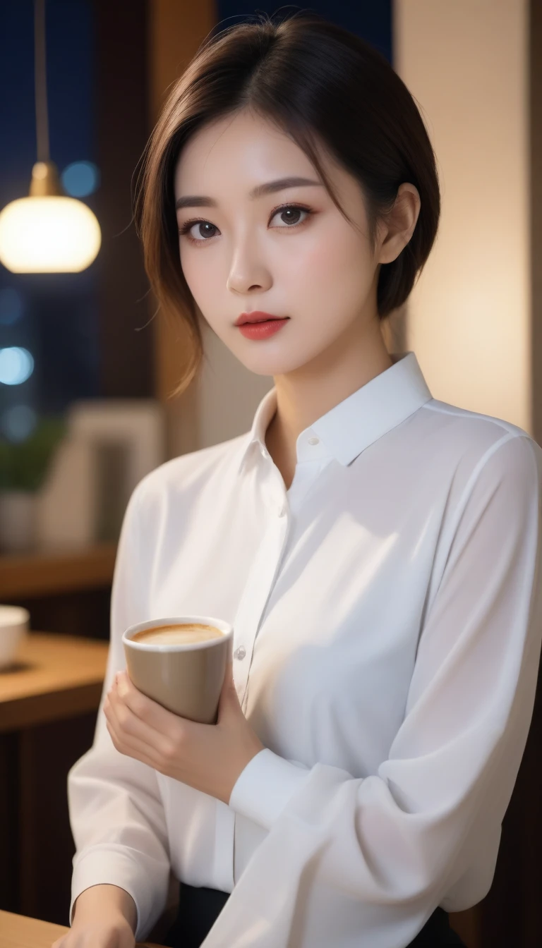 Close-up of a beautiful Chinese woman, 29" chest, wearing a long sleeve shirt, skirt, elegant expression, Look directly into the camera, Place a cup of coffee in the apartment, Scenery background, night, Short hair front view, Ultra HD