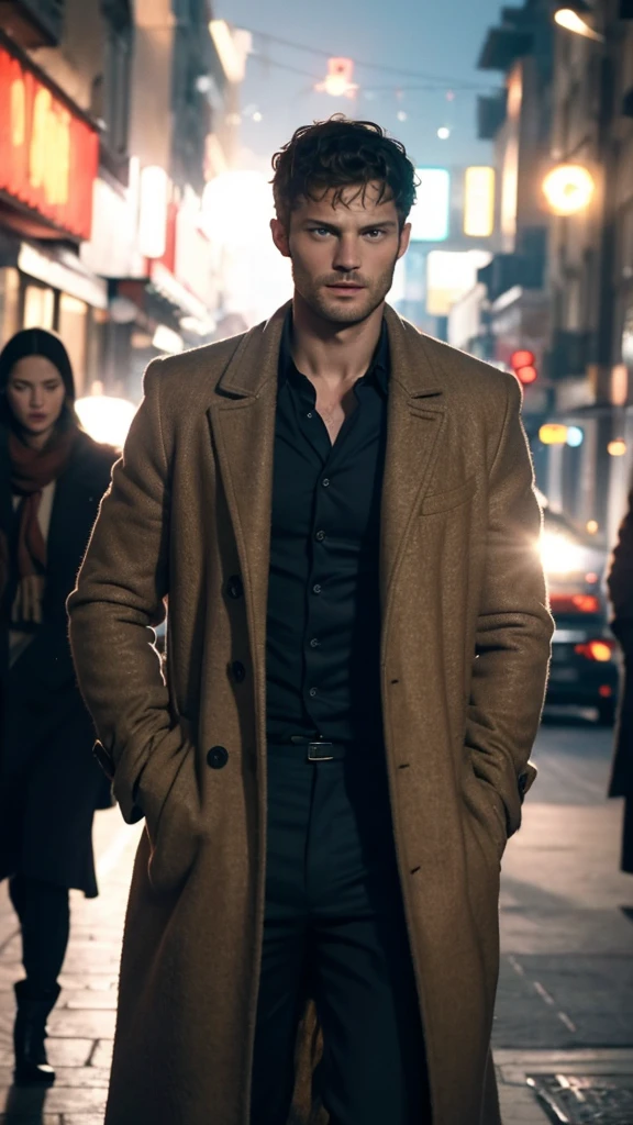 Jamie dornan, (cinematic photo),(. 35mm photograph),film,bokeh,professional,4k,highly detailed,1boy,30-year-old male,male focus,solo,topless,pants,open_coat,Cinematic Shot,cinematic lighting,