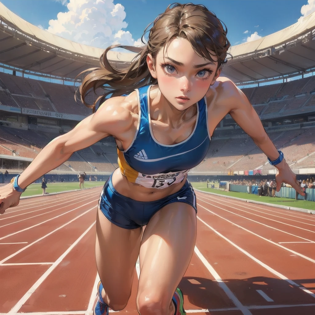  masterpiece, (textured skin), best quality, gorgeous beautiful girl, (a female track and field athlete), detailed clothes,large breasts,narrow waist,, (beautiful face), cinematic lighting, (at track and field ),