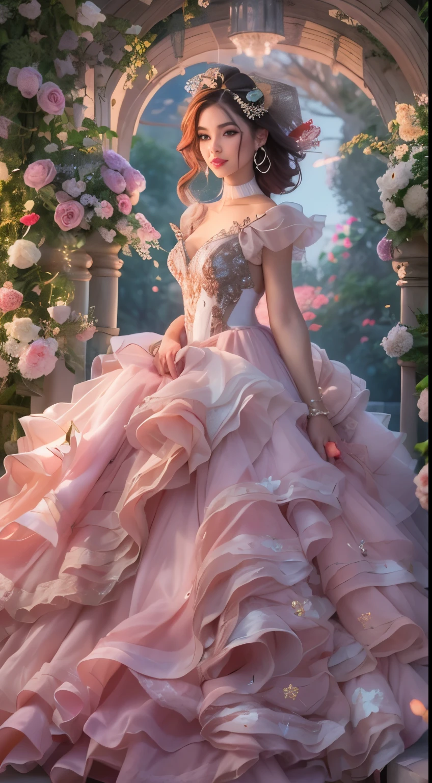 Create a realistic fantasy scene featuring a proud woman in an enchanted pastel garden. She wears a French silk ballgown adorned with ruffles and bows. Her face, highly detailed with soft lips, shines with intricate features and stunning eyes. Surround her with eternal roses in shimmering shades. Add whimsical details like stars, bubbles, and glitter for an enchanting touch. Ensure perfection in her face, hair, body, and eyes. Incorporate elements of high fantasy, whimsy, and detailed elegance. Photorealistic, 8k, vivid colors