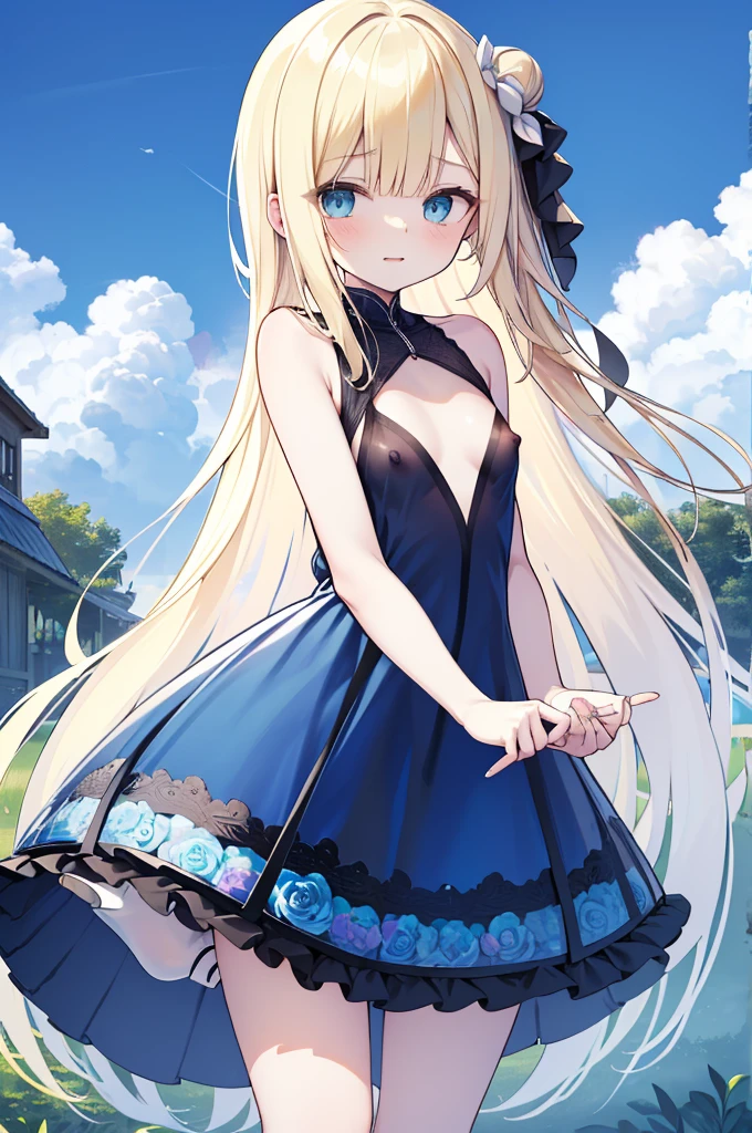 Yellow Hair,Blue eyes,Carly,Adorable,((A look at the sheer, see-through blue mini dress)),Blue high heels on her feet,whole body,Fingers and arms are not exposed,Blue rose flower field in the background,Blue sky and white clouds,,Happy expression,High quality light and shadow,Artistic Sense((Hair Bun))(Very long hair))((Blunt bangs))((Bitch))((tsurime))((Big eyes))((Skinny body))((expensive))(Pale skin))((Botanical Prints))((infant))((Showing nipples under shirt))(Pale skin))((Botanical Prints))((infant))((nsfw))(((()))(((infant)))((Lolita)