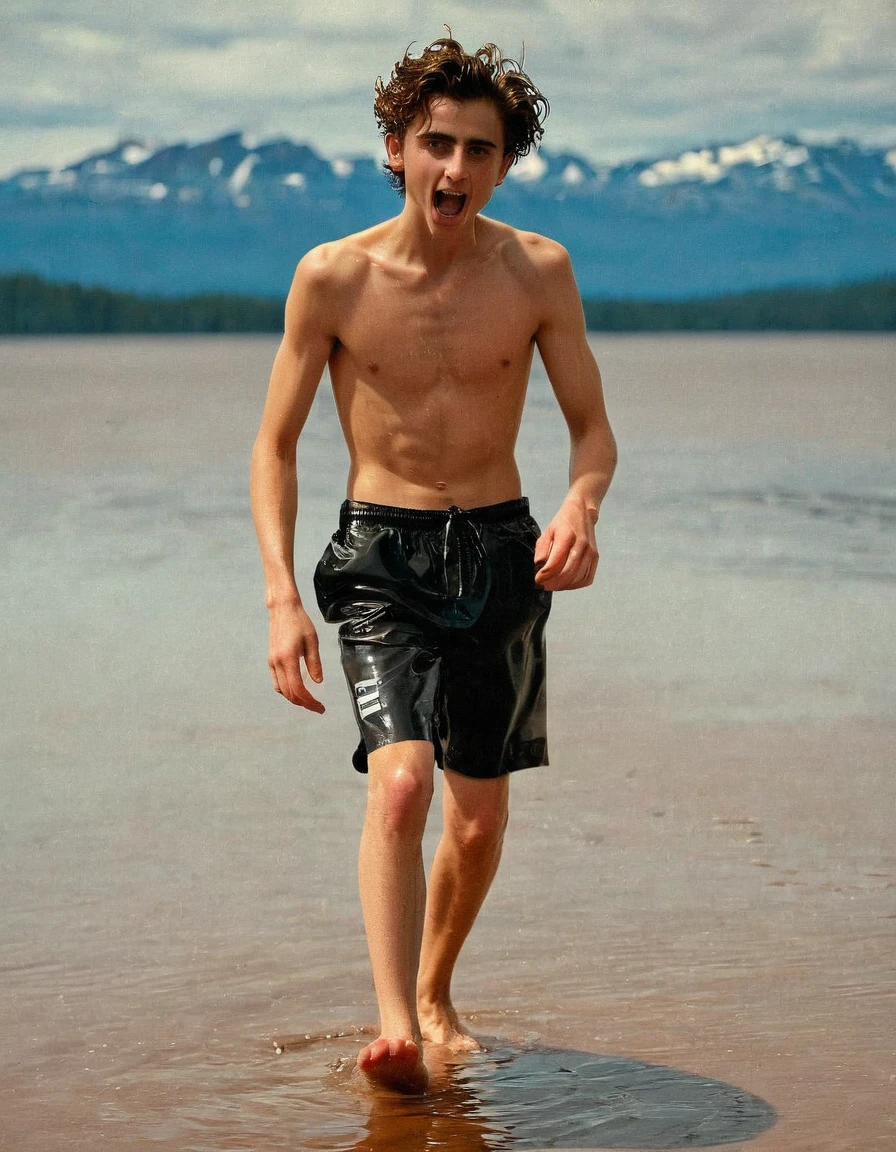 Timothée Chalamet, sweaty teen boy, in water, in finnish outside sauna, no clothing, far from camera, whole body, braces, age 19, wavy tiktok hair, boxer, bare feet, wearing no t-shirt topless, finnish outside sauna mountain, short fine armpit hair, flexing, veiny arms, cute, tall, lean, not muscular, wispy pubes, muscular teen boy masterpiece, high resolution, feet visible, no shoes, very dirty feet, skinny, tall, foot fetish, tall boy, teen boy, braces, best quality, sticky armpit hair, sticky, glue on floor, wet floor, sticky clothes, drops on underwear, drops on shorts, sticky on shorts, drops on floor, sweaty face, sweaty hair, Dune by Herbert, Science fiction