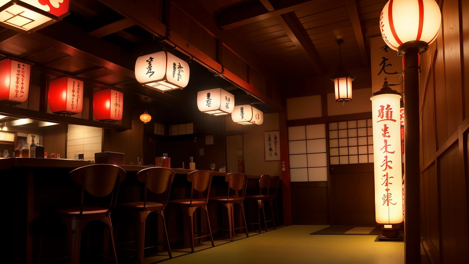((Different world interior scene,Japanese Izakaya Interior)),style,red light,Beautiful design,Chic,banner,image