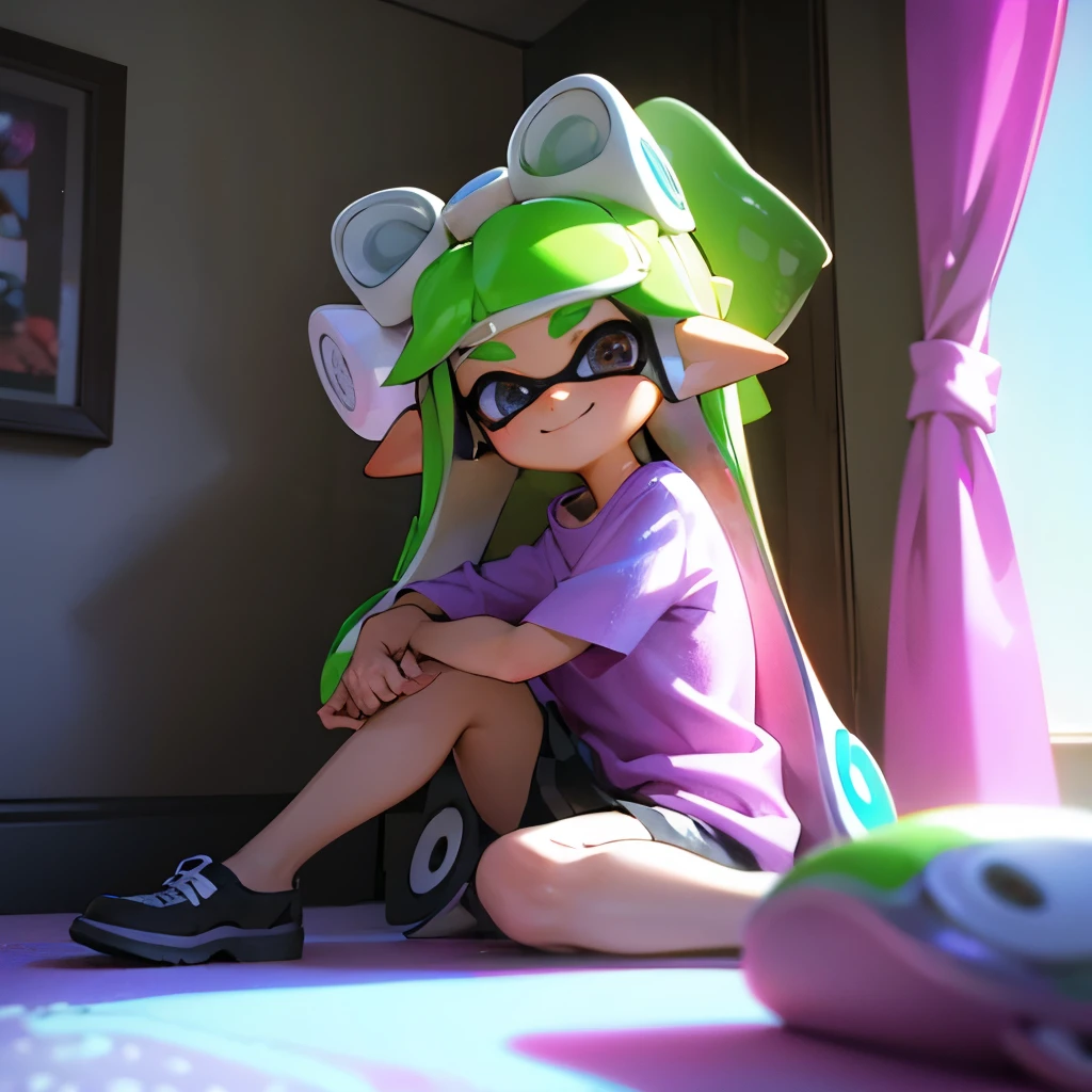 masterpiece、Highest quality、High resolution、Real Anime、3d、(Splatoon Girl:1.2)、Sitting in a room、from the front、smile、The viewer's gaze becomes that of a notebook、sitting at a desk、Golden Eyes、((Holding a pen and looking out the window))、Inside the girl's cute room、Detailed facial depiction、Fisheye Lens、