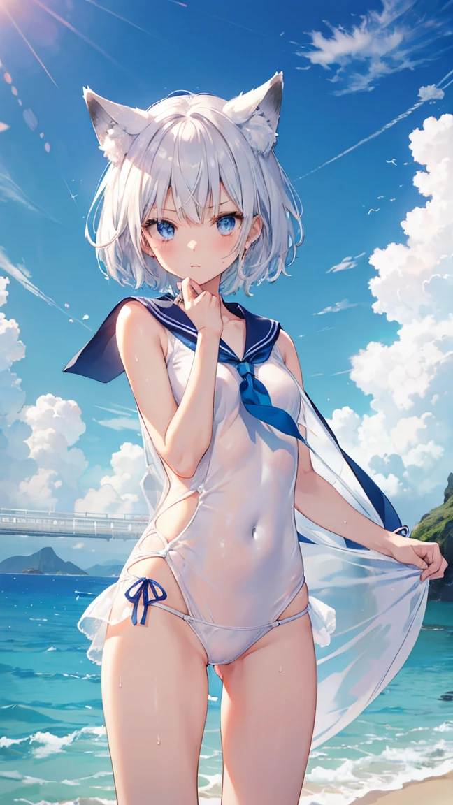 High resolution、Girl、Silver Hair、short hair、Fox Ears、blue eyes、Slender、Small breasts、Ocean,Sailor suit,Ocean軍,On board,summer,7moon,Sweat,blue sky