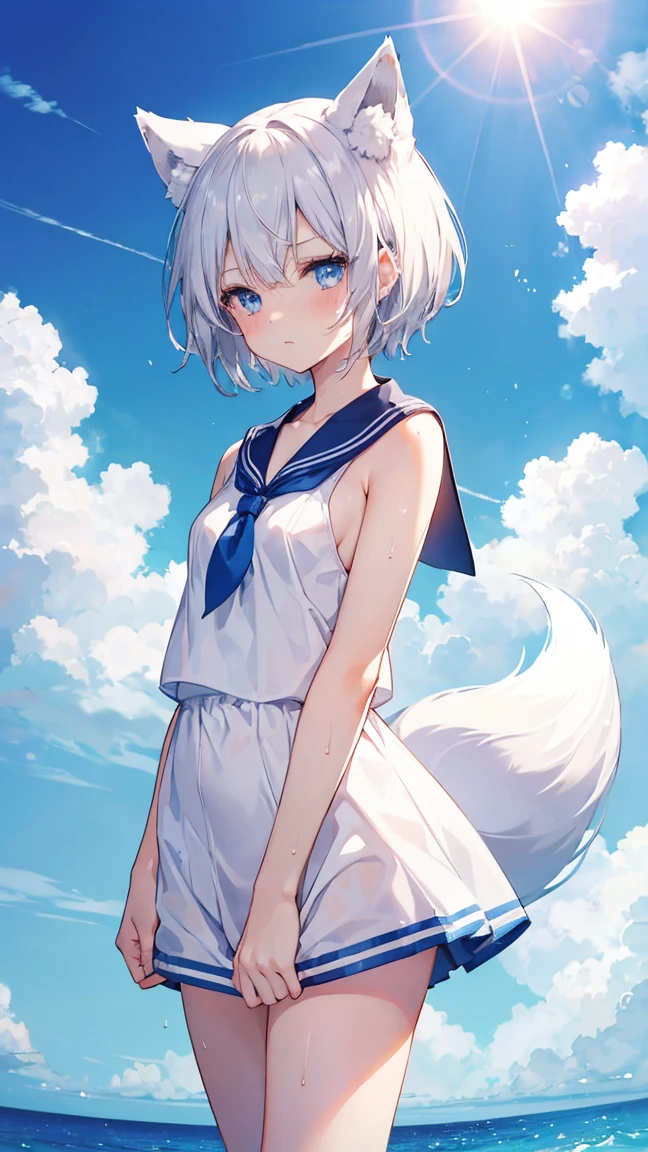 High resolution、Girl、Silver Hair、short hair、Fox Ears、blue eyes、Slender、Small breasts、Ocean,Sailor suit,Ocean軍,On board,summer,７moon,Sweat,blue sky