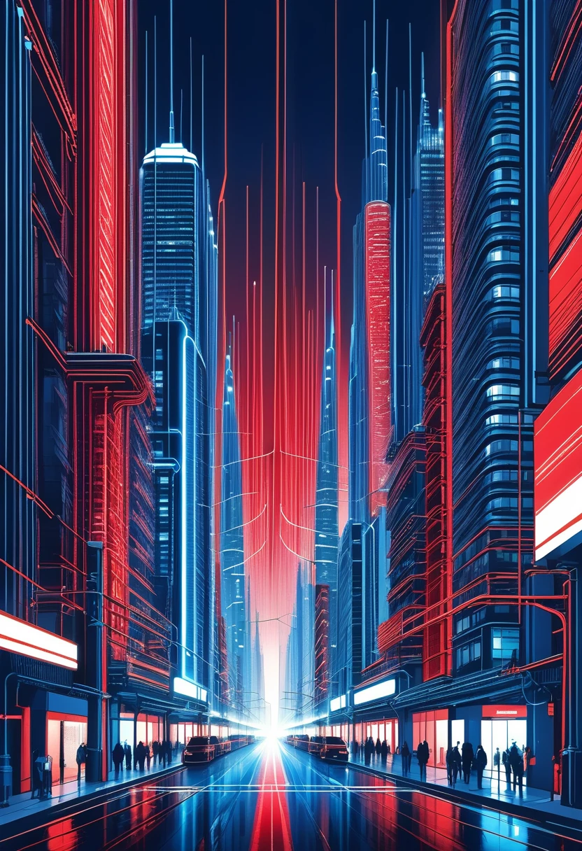 fantastic city built from electrical networks, color blue and red