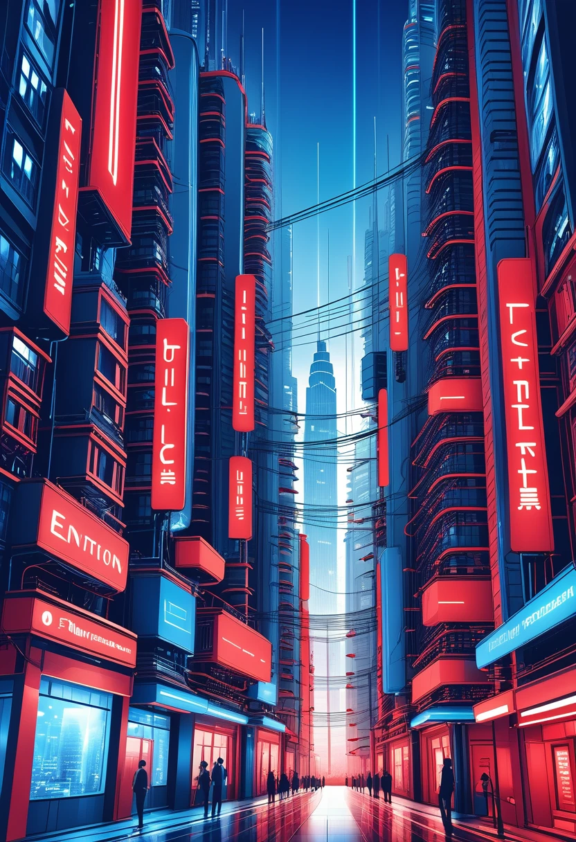 fantastic city built from electrical networks, color blue and red