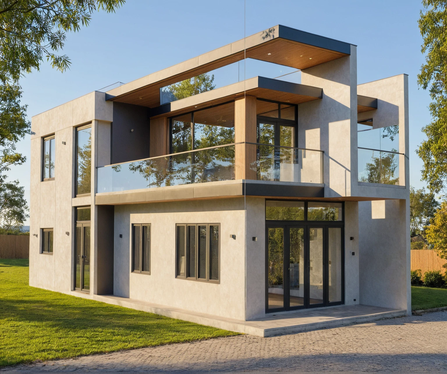 Photo brute,head of&#39;artwork, High quality, best quality, authentique, great detail,
Outside, En plein air, style de maison moderne dans la rue, glass windows, grille, wooden ceiling,
road,pavement, trees, sky, nuvens, (day light:1.1)