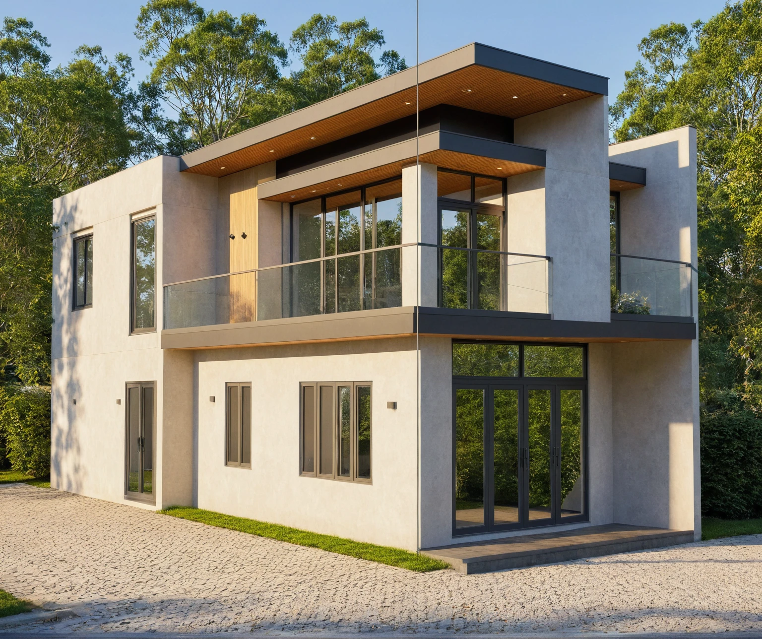 Photo brute,head of&#39;artwork, High quality, best quality, authentique, great detail,
Outside, En plein air, style de maison moderne dans la rue, glass windows, grille, wooden ceiling,
road,pavement, trees, sky, nuvens, (day light:1.1)
