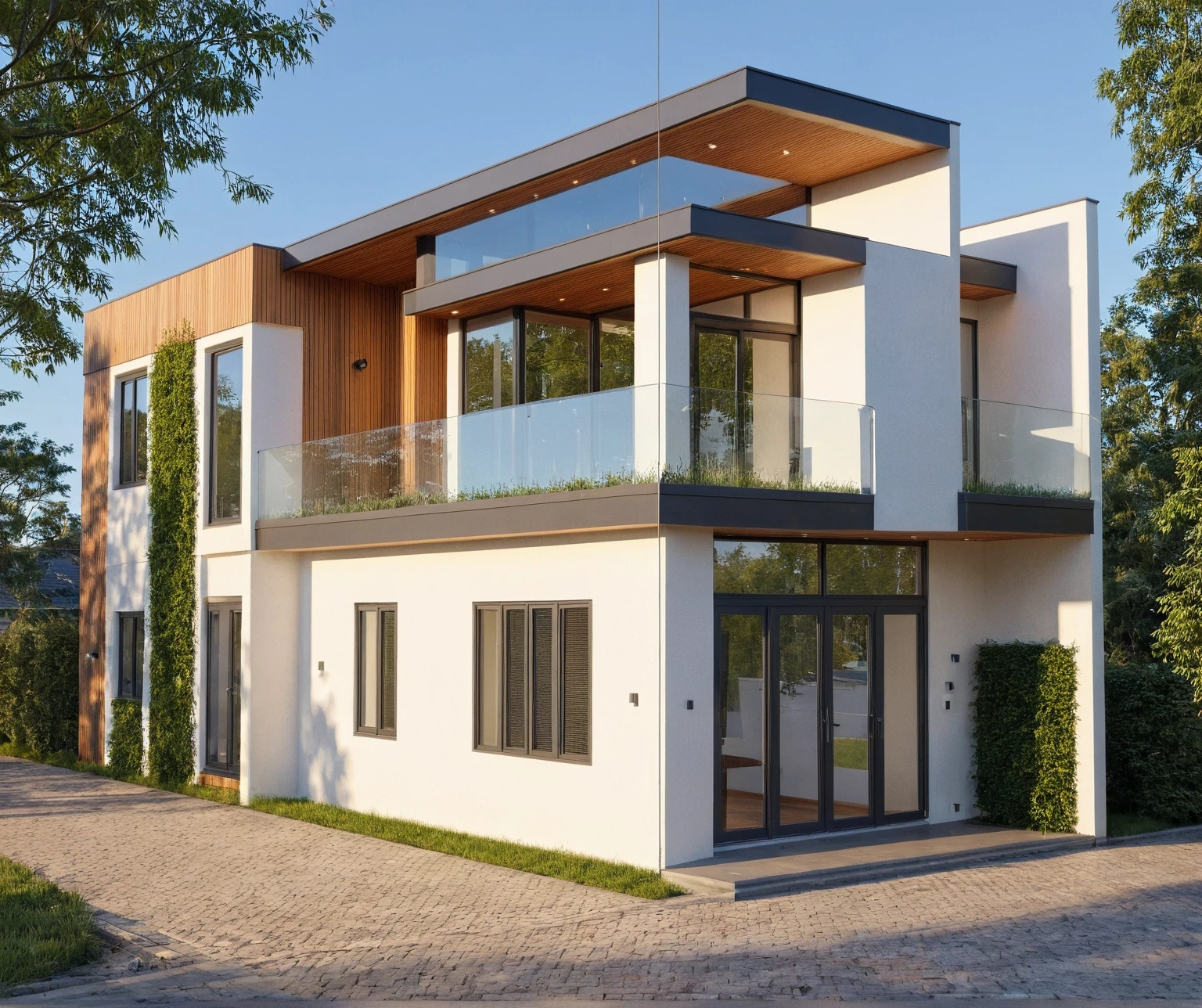 Photo brute,head of&#39;artwork, High quality, best quality, authentique, great detail,
Outside, En plein air, style de maison moderne dans la rue, glass windows, grille, wooden ceiling,
road,pavement, trees, sky, nuvens, (day light:1.1)