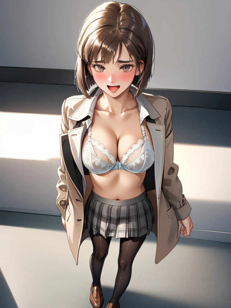 masterpiece, best quality, high quality, perfect anatomy, ultra detailed, perfect design,
BREAK,
high school girl, beautiful detailed face, realistic skin, (shiny glossy skin),
BREAK,
brown eyes, ((realistic eyes)), ultra detailed eyes, beautiful high light eyes, (narrow eyes), ((droopy eyes)), (big eyes), (wide-set eyes), double eyelids, ((half closed eyes)),
BREAK,
brown hair, ((bob cut)), ((straight hair)), (medium side hair), thin hair, (swept bangs), shiny glossy hair,
BREAK,
seductive smile, (open mouth), tongue out, (feeling weak), ((embarrassed)), (nose blush),
BREAK,
((white solid bra)), ((white solid panties)),
BREAK,
(school uniform, light brown jacket/blazer), (((long sleeve white shirt, unbutton, open clothes))), ((gray check pattern printed skirt)), (((black pantyhose))), small breasts, breasts exposed, cleavage, big areola, erection of nip-ples, camel-toe, wind lift,
BREAK,
(standing), (((show off bra))), (spread legs), ((from above)), (((looking up))), (((focus face))),
BREAK,
(classroom), top light, warm light