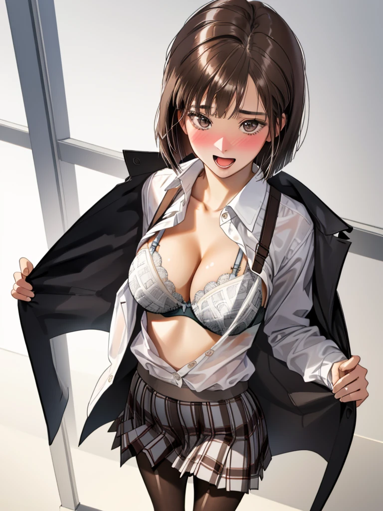 masterpiece, best quality, high quality, perfect anatomy, ultra detailed, perfect design,
BREAK,
high school girl, beautiful detailed face, realistic skin, (shiny glossy skin),
BREAK,
brown eyes, ((realistic eyes)), ultra detailed eyes, beautiful high light eyes, (narrow eyes), ((droopy eyes)), (big eyes), (wide-set eyes), double eyelids, ((half closed eyes)),
BREAK,
brown hair, ((bob cut)), ((straight hair)), (medium side hair), thin hair, (swept bangs), shiny glossy hair,
BREAK,
seductive smile, (open mouth), tongue out, (feeling weak), ((embarrassed)), (nose blush),
BREAK,
((white solid bra)), ((white solid panties)),
BREAK,
(school uniform, light brown jacket/blazer), (((long sleeve white shirt, unbutton, open clothes))), ((gray check pattern printed skirt)), (((black pantyhose))), small breasts, breasts exposed, cleavage, big areola, erection of nip-ples, camel-toe, wind lift,
BREAK,
(standing), (((show off bra))), (spread legs), ((from above)), (((looking up))), (((focus face))),
BREAK,
(classroom), top light, warm light