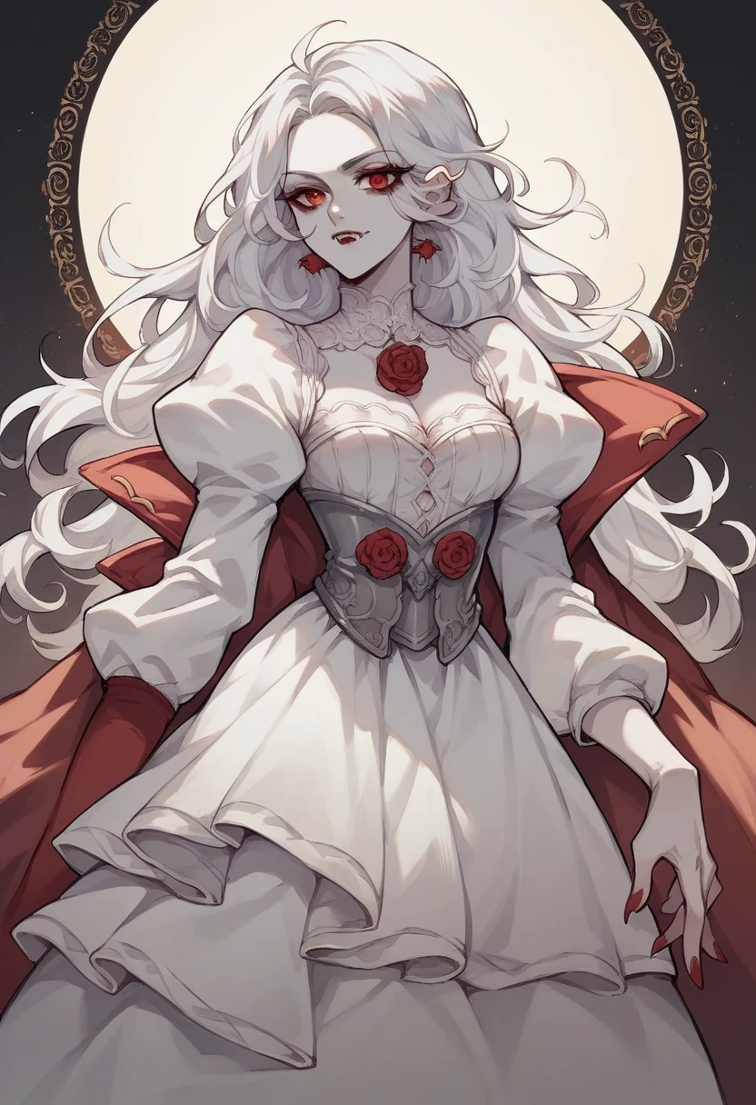 (A vampire), (Eyes red), (white  hair), (period dress), (Woman), (face perfect), (pale skin), (Vestido longo), (Not Sexy), (vestido preto), (Castelo).