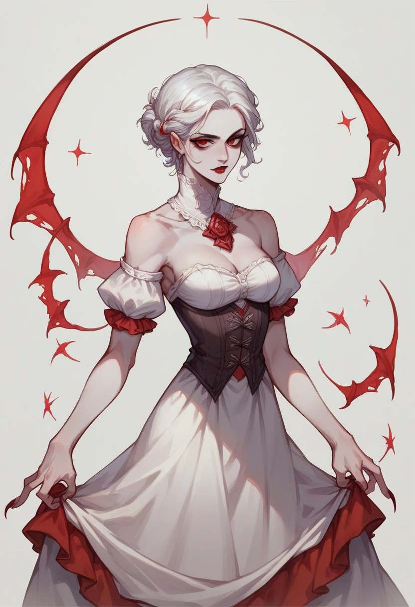 (A vampire), (Eyes red), (white  hair), (period dress), (Woman), (face perfect), (pale skin), (Vestido longo), (Not Sexy), (vestido preto), (Castelo).