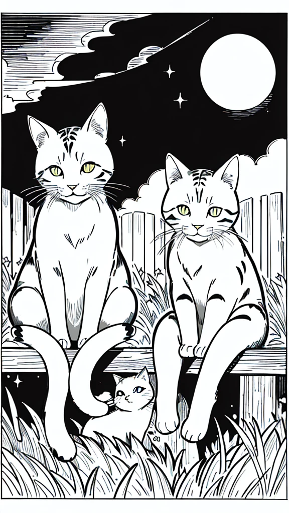 Two cats sitting on a fence under a moonlit sky. animals. sketch, character lines and scenes without colors and shadows. (Masterpiece, Best Quality, Highers:1.4), Detailed, Intricate Details, 4K, color splashes, line art, animals, cat, cute cats, accurate eyes, ultra high-quality, accurate, detailed lines.)