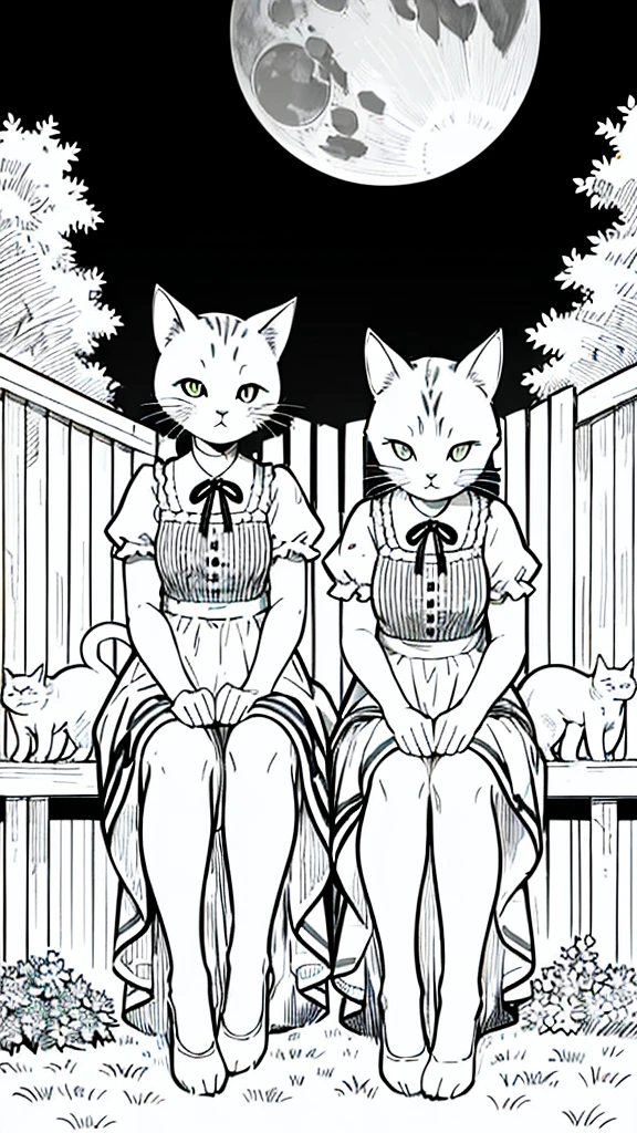 Two cats sitting on a fence under a moonlit sky. animals. sketch, character lines and scenes without colors and shadows. (Masterpiece, Best Quality, Highers:1.4), Detailed, Intricate Details, 4K, color splashes, line art, animals, cat, cute cats, accurate eyes, ultra high-quality, accurate, detailed lines.)