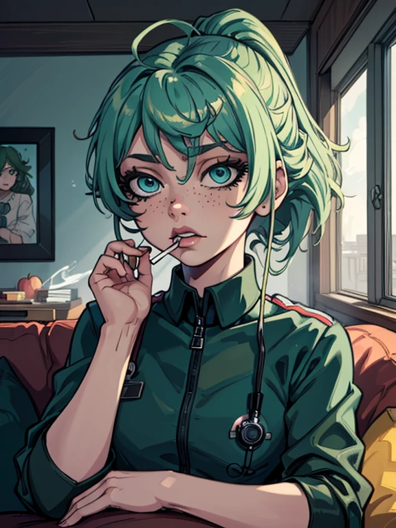 Masterpiece, best quality, college student, centered in frame, portrait, female, pale skin, stressed expression, stethoscope, busty, smoking cigarette, eye bags, nervous, peach lips, ponytail, pastel green hair, couch landscape, green eyes, paramedic uniform, green freckles, beautiful,