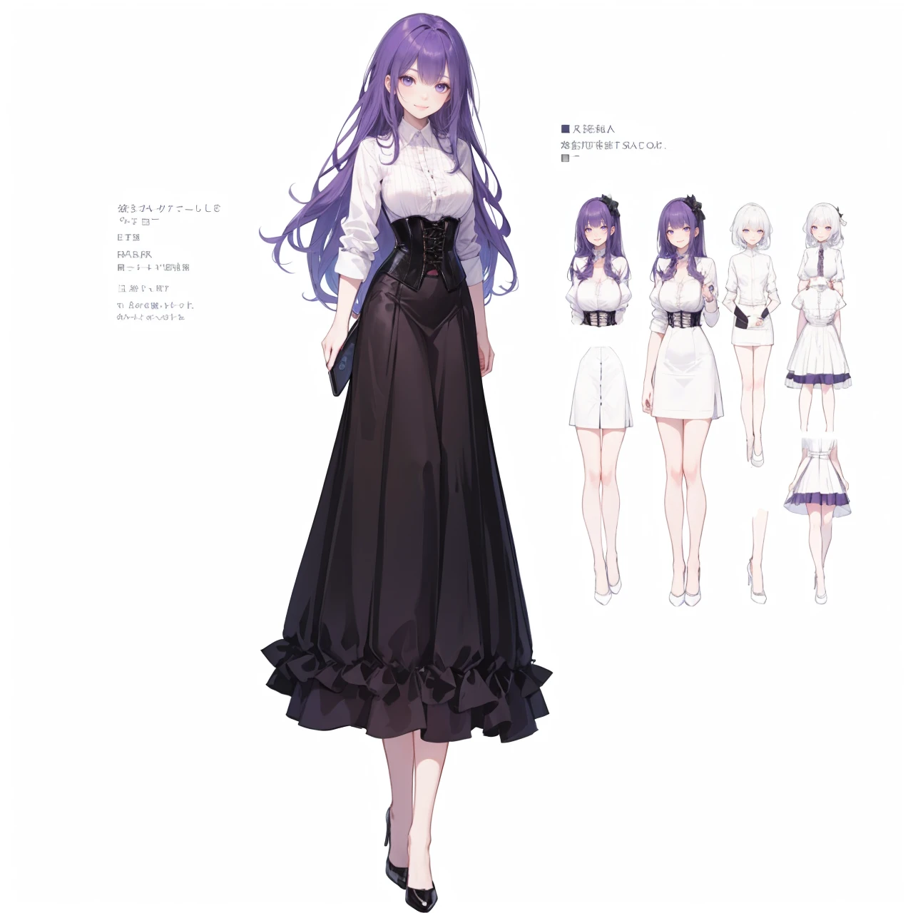 Purple hair,super long hair,Adult female,Bartender,((Rolling up your sleeves shirt)),(Corset),(skirt),High heels,((Simple white background)),Smile,((Full body)),((whole body)),Character Sheet,
