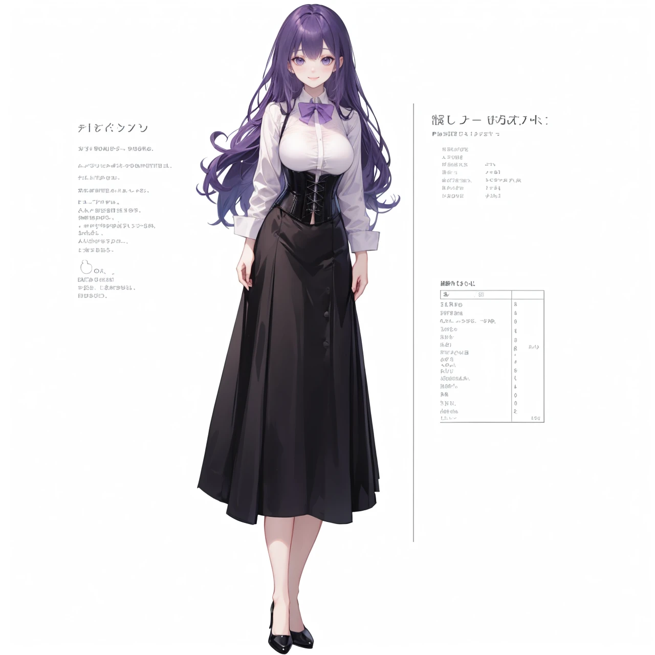 Purple hair,super long hair,Adult female,Bartender,((Rolling up your sleeves shirt)),(Corset),(skirt),High heels,((Simple white background)),Smile,((Full body)),((whole body)),Character Sheet,