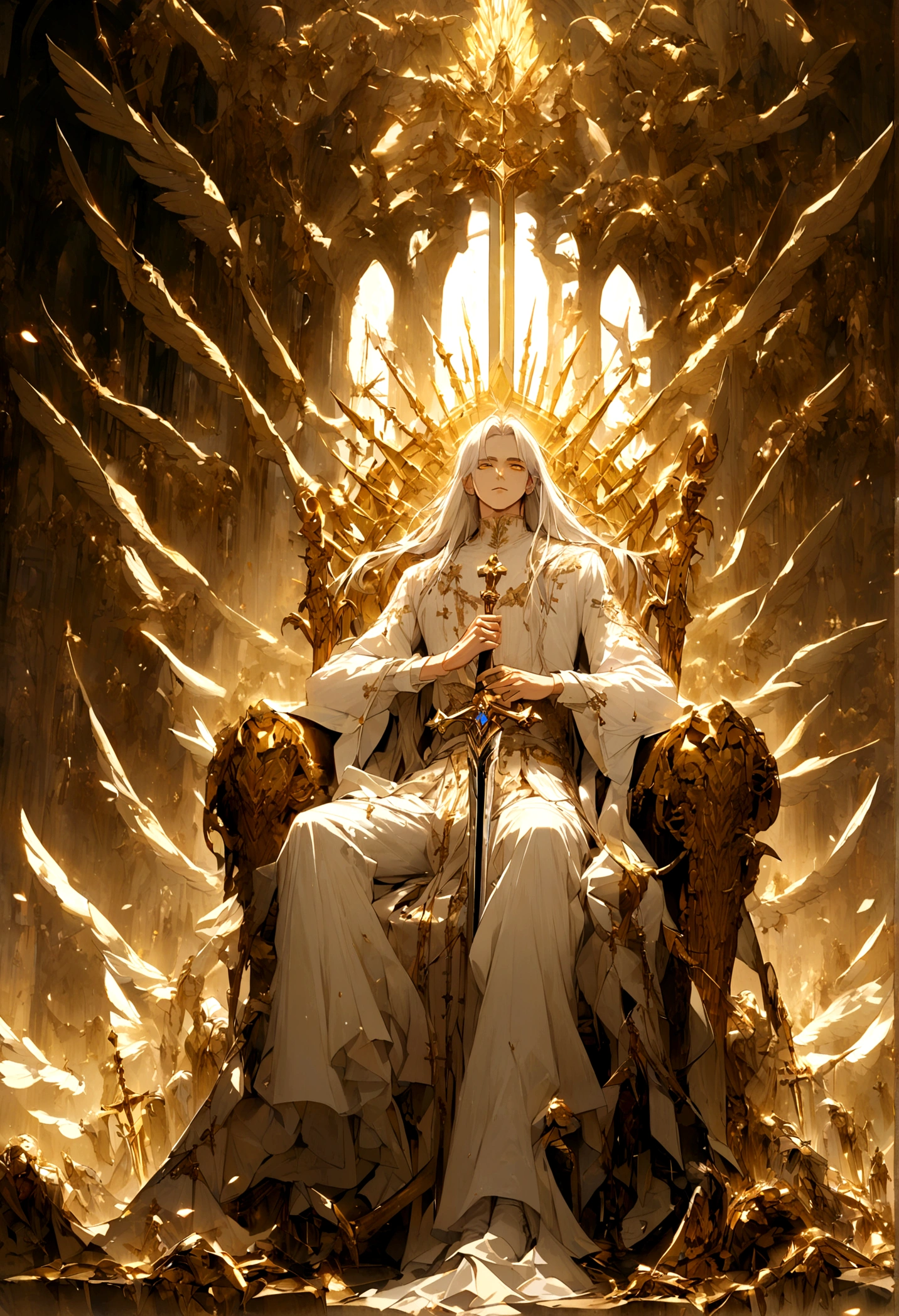 A handsome man with white long hair, golden eyes wearing a white long blouse, white shirt and white long pant sitting on a giant clear crystal throne two arms placing on a broadsword with golden cross sword hilt and a lot of cyber creatures like angels flying around.