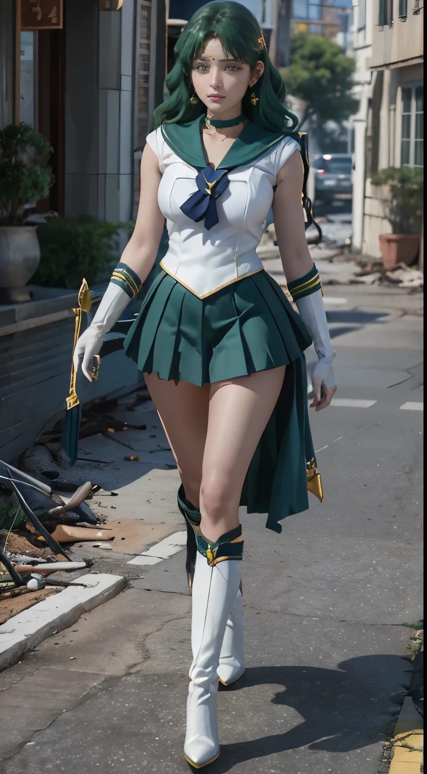 One girl, Sailor Neptune, (Sailor Warrior Uniforms:1.4), Dark green hair, Medium Hair, Pleated skirt, Highest quality, Earrings, masterpiece, High resolution, Intricate details, (( Realistic )), photograph, (White elbow gloves:1.1), jewelry, Mid-chest, whole body, Dynamic Background, Dynamic posture, High heels,,More detailed 8K.Unreal Engine:1.4,超High resolution,La Highest quality:1.4, Realistic:1.4, Skin Texture:1.4, masterpiece:1.8,First Job, Highest quality,Object Object], (Detailed facial features:1.3),(Fine hand),(Ciudad Destroyada Apocalyptic:1.7),Over the knee boots: 1.1), choker, White gloves, Gargantilla Verde, Elbow Gloves, gem, Earrings, Green Skirt, only, Full Body Vian, Perros Verdes,