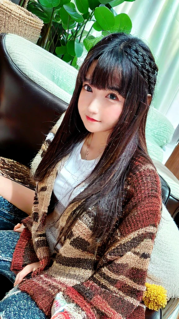 Realistic , photorealistic , masterpiece , best quality , super quality , ((ultra detailed)), extremely detailed , highers , Raw Photo , 16k portrait , curvy , mysterious , full body , semilong hair , ultrahappy , (game) , living , Side angle , (think) , Sitting