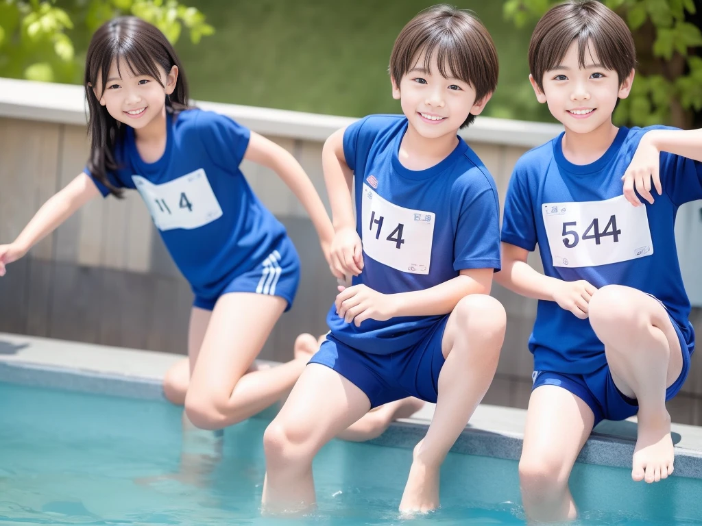 夏休みのprimary school校、Pool、primary school5Grade、Japan Boy、The water feels good、hot day、Two Boys、Youth Power、Short sleeve gym uniform、Blue shorts、physical education、barefoot,(Boy 1.4)、Boys only 、(10Age 1.4)