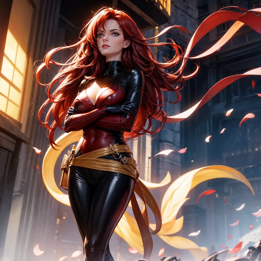 Beautiful female, red hair, military uniform, black leather clothing, black gloves, crossed arms
