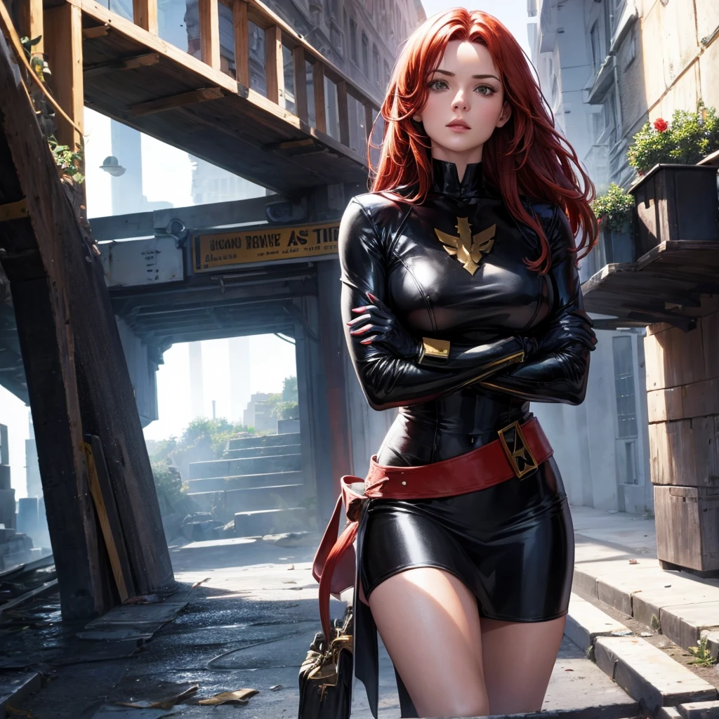 Beautiful female, red hair, military uniform, black leather clothing, black gloves, crossed arms
