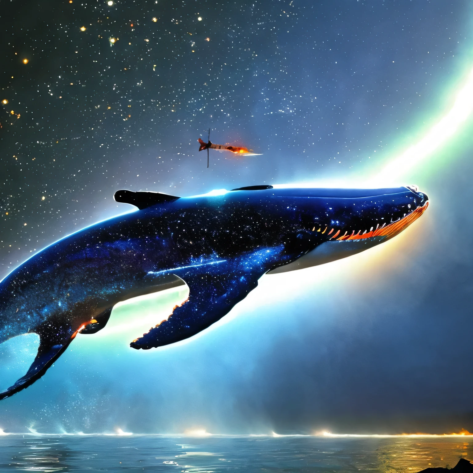 (Excellent: 1.2, Highest Quality), (Realistic, Photorealistic: 1.4), Beautiful illustration, Dutch angle, Close-up (Electricity-like glow, a large whale jumping out of the sea), Sparkling light runs through the air, the whale is wrapped in electricity and sparkles, Digital data image background, Rainbow-colored digital space, Large planet in the background,