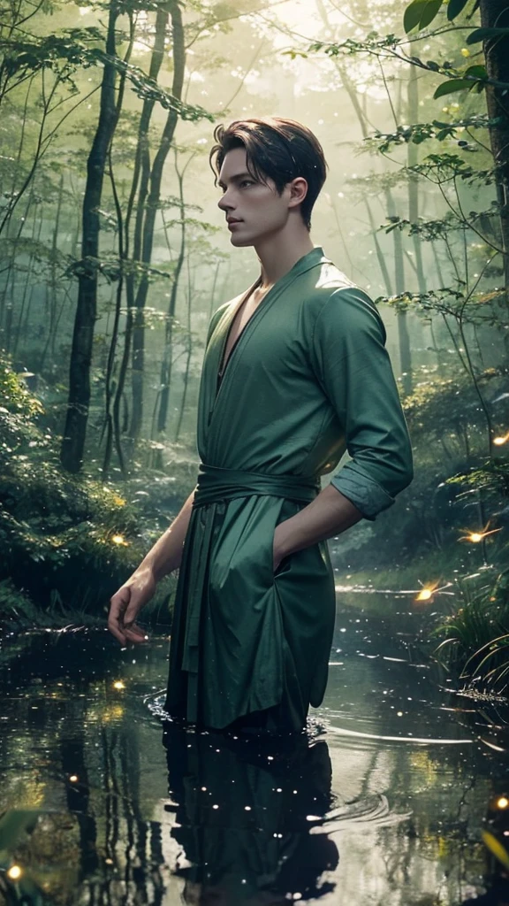 Jamie tornan(A man)), ((leaned over the water and looked at his reflection)), Portrait of a man semblant sex ((long leaves)), With mystical brown eyes, pale skin, and short hair, magical, beautiful, Enchanting, photorealism, Shot in the middle, ((deep forest)), (((Make the particles in the air glow))), ((fantasy art)), ((fireflies)),