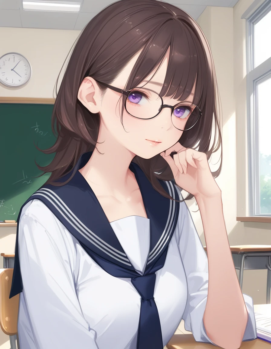 score_9,score_8_up,score_7_up,hd5,ama_mitsuki,1girl,thin,slim,skinny,upper body,brown hair,purple eyes,white serafuku,glasses,classroom,sideways glance,